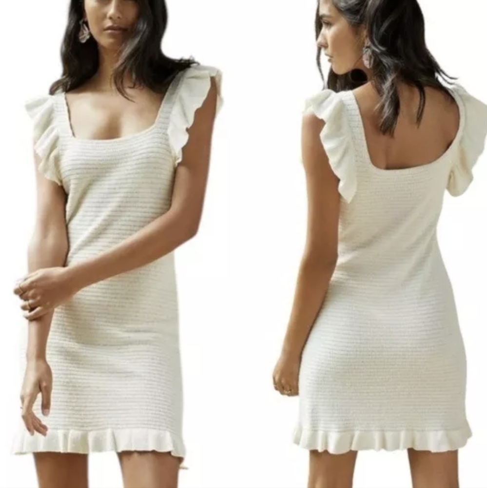 House of Harlow 1960 Ruffle Crochet Dress Ivory Pointelle Tight Knit Mini - Picture 3 of 9